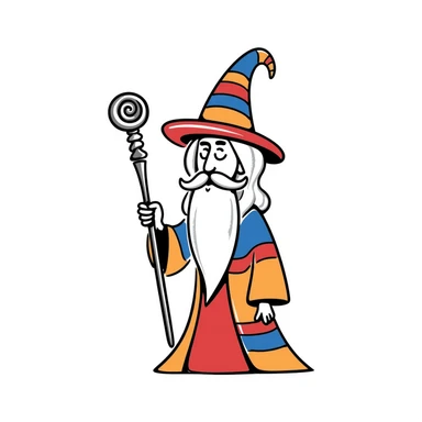 Hand-drawn wizard with beard and Armenian flag colors (red, blue, orange) on robe and hat sticker
