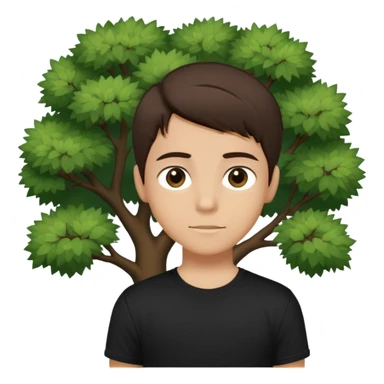 boy with straight short brunette hair brown eyes black tshirt on and tree behind sticker