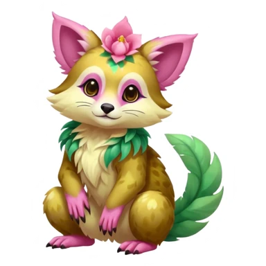 Colorful brown with rose-pink, yellow-beige-cream, jade-green tropical exotic shiny beautiful fantasy-Vernid-Cacomistle-animal-Fakémon-hybrid-fursona (full body) sticker