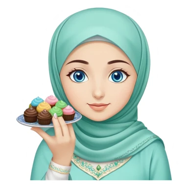 Turkish beautiful finish Konya girl blue eyes with mint hijab islamic dress and had on her hand text Eid Mubarak with sweets and celebrating with her friends eid days   sticker