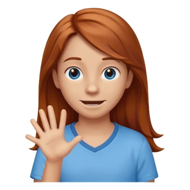 shrugging happy emoji tween long auburn hair light blue shirt with a darker blue L sticker