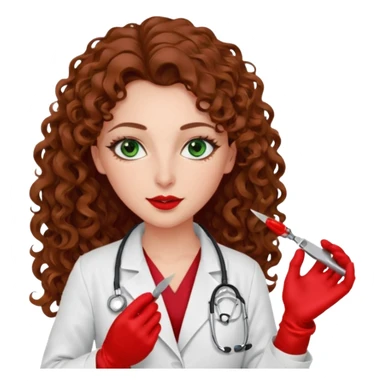 Lilith scalpel sexy evil woman. She has green eyes.  had brown long curly hair.  evil surgeon kills holding scalpel.  wears sexy doctor coat with red gloves. Covers nose, neck  and mouth with Muslim red berka sticker