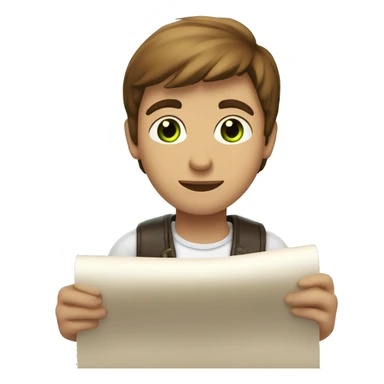 a light-skinned green-eyed man with brown hair sitting in front of the long white paper scroll sticker