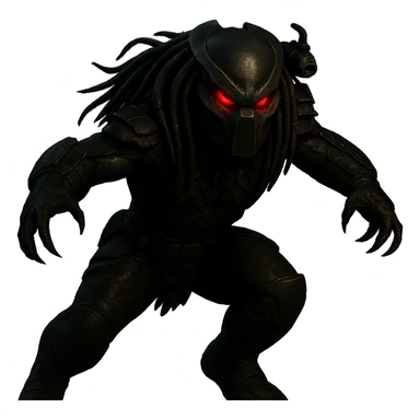 Make the Predator look even more menacing with a sharper mask, glowing red eyes, a more aggressive pose, and darker armor. Remove the background to isolate the subject. sticker