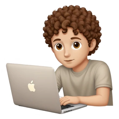 male with brown eyes and very short brown curly hair with a fade, sitting behind an Apple laptop sticker