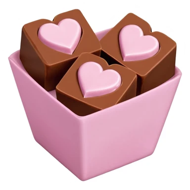 Two square milk chocolate 2 pralines only, Each praline is a sharp-edged cube with smooth glossy chocolate coating, placed in a small white fluted paper candy cup. On top of each cube is a flat pastel pink heart-shaped icing, thin and smooth, slightly translucent, with fine sugar crystal sparkle. sticker