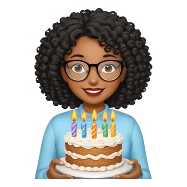 A Black woman with curly black hair and glasses holding a birthday cake sticker