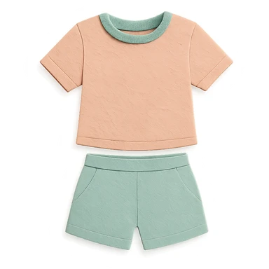 illustration of a women's short and tee shirt set in pastel colors in paper-craft style sticker