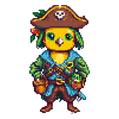 a pirate with a parrot on shoulder, pixel art style sticker