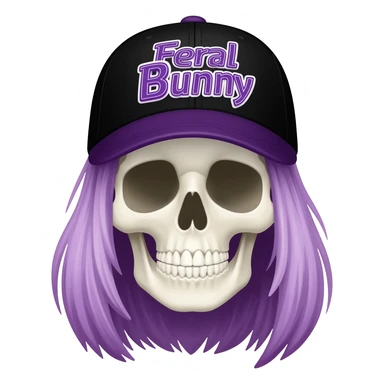 Create a skeleton head wearing a black baseball cap that says "Feral Bunny" in purple, and white lettering, with long purple blonde hair sticker