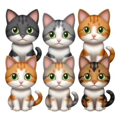 6 different coloured small cats including a dark grey and white, and a patchy calico, and a brown tabby and white,  and a completely solid dark grey with green eyes and only white paws sticker