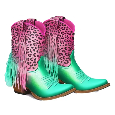 Realistic hot pink to mint green ombre leopard print pair of fashion cowgirl boots with sparkly shiny glitter fringe on them. sticker