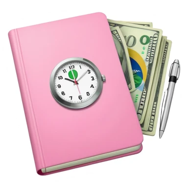 Libreta rosa, reloj blanco y un dolar sticker