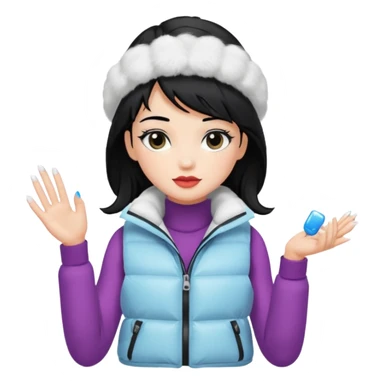 girl with black hair in a white puffer vest with nails sticker