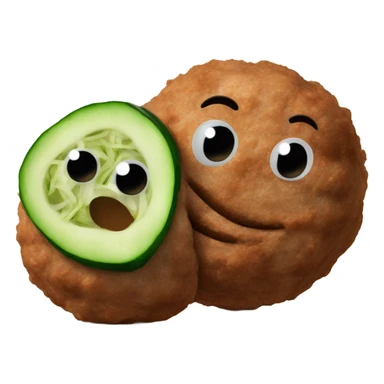 Two meat balls side by side with a cucumber standing vertically on top in the middle of them sticker