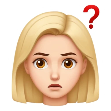A woman with a confused facial expression, furrowed brow, and question mark above her head sticker