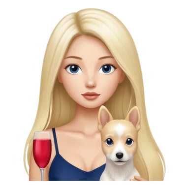 Victoria’s Secret model with long light blonde straight balayage hair, dark blue almond and small eyes, oval face, small lips, skinny long waist, firm legs, White Spaghetti top, with a White belgian dog  sticker