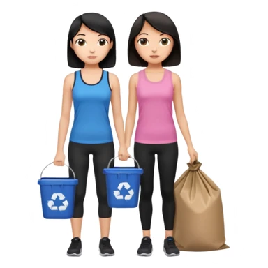 generate a genmoji of a black haired girl in a pink tank top and black leggings holding a black trash bag. Standing with her is a brunette girl in a similar blue tank top and black leggings.
Standing in front of a dustbin sticker