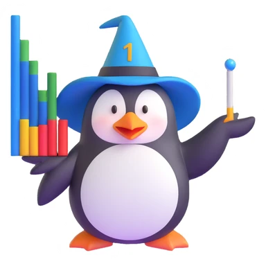 penguin wizard pointing to a stock chart with numbers going down sticker