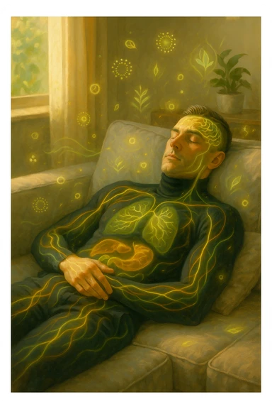 Uomo sdraiato su un divano nel primo pomeriggio, mentre fa un breve riposino. Il suo corpo appare parzialmente trasparente o stilizzato, con luce calda e flussi energetici dorati e verdi che scorrono attraverso muscoli, cervello, e organi. Intorno a lui si vedono piccoli simboli di rigenerazione: cellule che si rinnovano, tessuti che si illuminano, aura rilassata. L'ambiente è calmo e ordinato, luce naturale che entra da una finestra, atmosfera rigenerante, stile iperrealistico con accenti metaforici. sticker