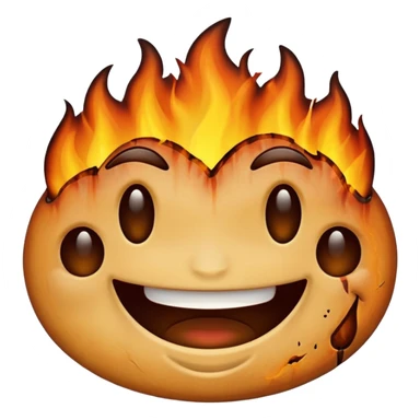 A emoji with half of his face where his left eyes at is burnt with the emoji having a big grin sticker