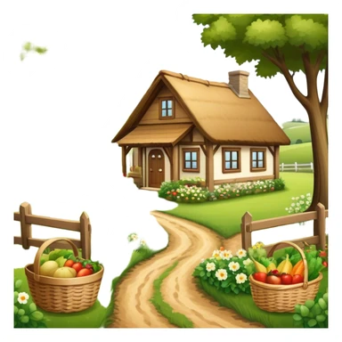 Icon for Rural Tourism: a peaceful countryside scene with a wooden cottage, a dirt path, grazing animals, and a basket of fresh produce. The icon should represent the tranquility and charm of rural life. Transparent background. sticker