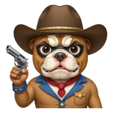 A bulldog wearing a cowboy hat, wearing a mask, pointing a revolver at you and telling you to hand over your money. sticker