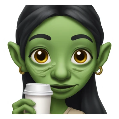 Ugly goblin woman with long black hair and a big nose holding Starbucks sticker