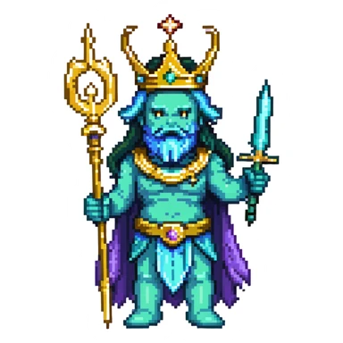 Neptune god of the sea wielding golden trident, blue-green skin, wearing crown sticker