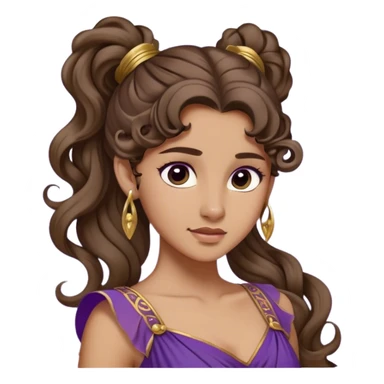 Young woman with long brown wavy hair in a high ponytail, with a signature curl on her forehead. She has a light olive skin tone and wears a flowing purple Grecian dress with gold details. Her expression is confident and playful, with a slight smirk. Inspired by classic Disney animation. sticker