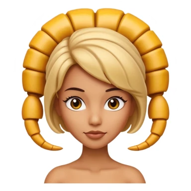 3D cartoon woman with a scorpion-shaped hairstyle, confident expression, smooth skin tone, Memoji-style. sticker