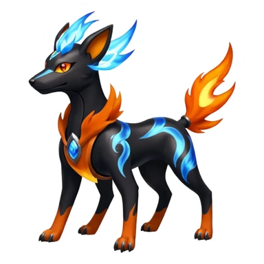 Fiery black and white blue flames solarpunky elemental colorful hot will-o-wispy Houndoom-Torracat-Genesect-Pokémon-Fakémon-hybrid-creature sticker