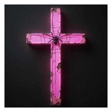 realistic gothic cross, pink with a spiderweb motif, photorealistic style sticker