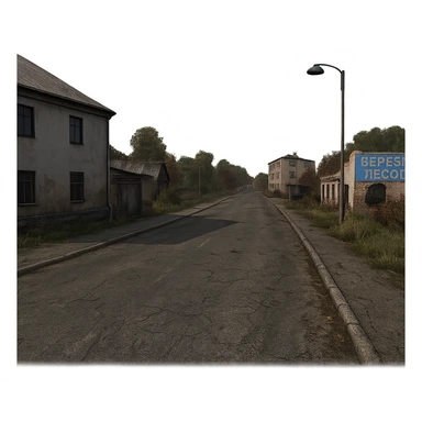 a view of the city street in a videogame: DayZ - in the town of berezio "lumber" sticker