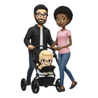White man with Black hair,  beard and glasses pushing buggy with blonde baby sticker