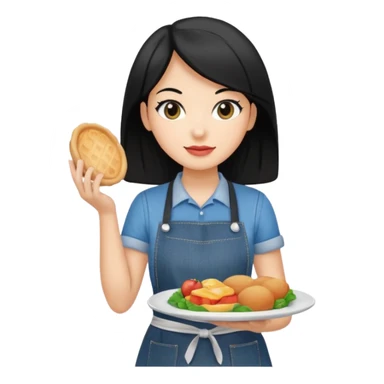 waitress with black hair and a food plate with a black tshirt and ª jeans apron sticker