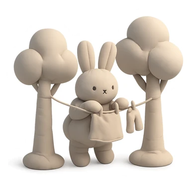 bunny hanging laundry between trees, calming domestic forest feel sticker