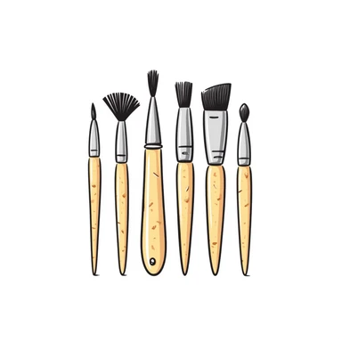 A set of artist paintbrushes in different sizes and shapes with wooden handles in pastel colors (dd9fb0, ffc6d3, a3bfc9, c4bee2, f1b091), hand-drawn doodle style sticker