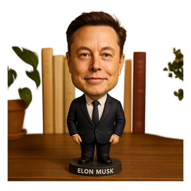 realistic features bobblehead of Elon Musk wearing a suit and tie sticker
