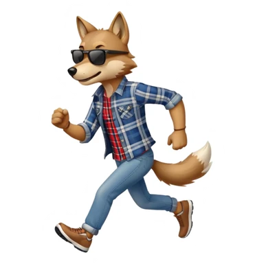 friendly anthropomorphised wolf in jeans and plaid shirt, wearing dark sunglasses, jogging upright in relaxed pose sticker