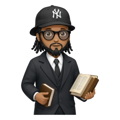 African American man with shoulder length black dreadlocks with black beard wearing black sunglasses wearing a black bubble winter coat wearing a black New York Yankees logo baseball cap wearing a suit and tie walking with a Bible sticker
