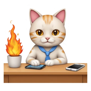 Apple-style emoji illustration of a cute cat character calmly sitting at an office desk, holding a smartphone and looking relaxed, while the office behind is subtly on fire. sticker