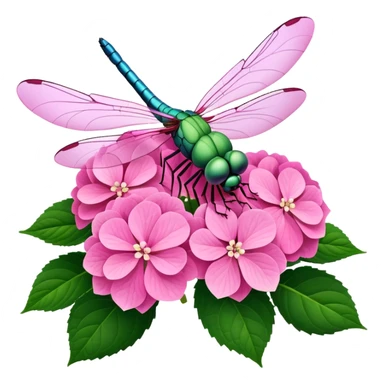 3D Realistic Still life bright pink detailed Hydrangea macrophylla, green leaves, detailed wings, dragonfly resting  sticker