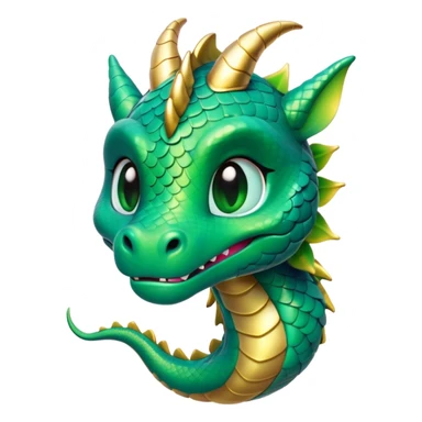Cinematic Cute Dragon Portrait Emoji, Head tilted playfully and inquisitively, featuring a sleek, serpentine form adorned with iridescent scales that shift between emerald and gold, a delicate set of subtle horns, and round, sparkling eyes full of curious magic; rendered with realistic detail and warm natural light, high shine, affectionate and enchanting, styled with a touch of whimsical fantasy, soft glowing outline, capturing the essence of a mischievous yet lovable dragon that seems poised to slither playfully into your arms! sticker