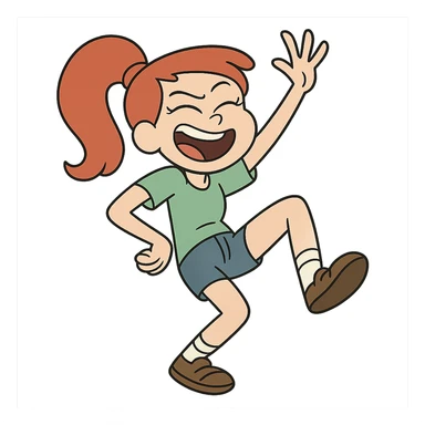 red-haired girl in a playful pose, cartoonish and exaggerated sticker