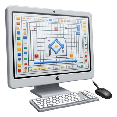 Emoji for Game Design: computer screen with Professional game interface, 3D models, pixel art, and design tools like grid, wireframe, and stylus. Symbolizes the technical and creative process of game development. Transparent background. sticker