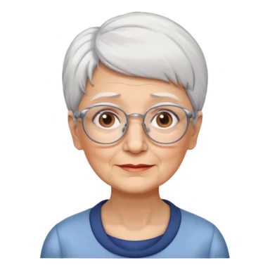 Create me emoji of an old lady. Short white hair to left side. Square glasses. Brown eyes. Rounded really big and long face. Wide nose sticker