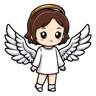 gothic girl with fair skin and short brown hair, angel wings and a halo, cute cartoon sticker style sticker