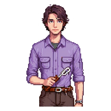 Focused male tinkerer, Caucasian features, short dark brown hair, sharp gray eyes, neutral expression, wearing violet work shirt with rolled-up sleeves, holding a small wrench in one hand, waist-up, front-facing sticker