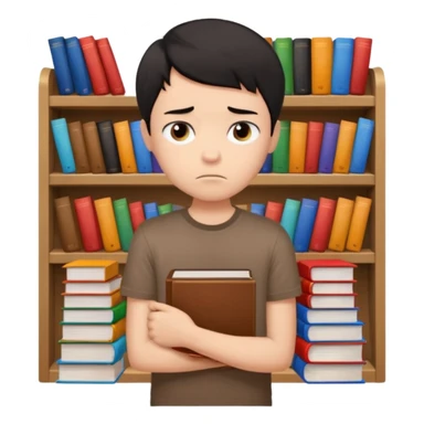 generate a pretty bratz fair skinned boy with short black hair wearing a brown tshirt surrounded by books n looking very sad sticker